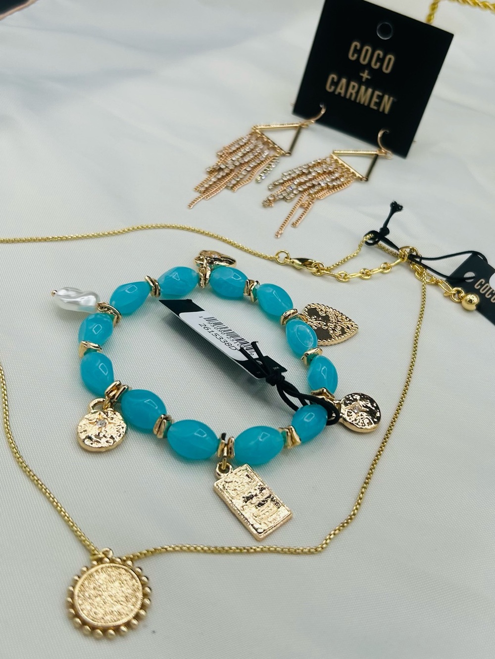 COCO + CARMEN LOT NWT Gold Charm Necklace Fringe Earrings & Charm bracelet